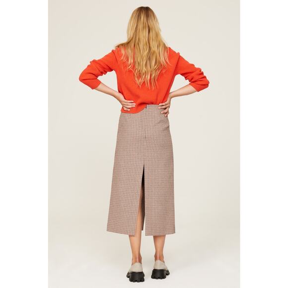 MAJE Jaisa Brown Plaid Wool Blend Front Back Slit Edgy Pencil Skirt Size US 8 - Picture 5 of 16